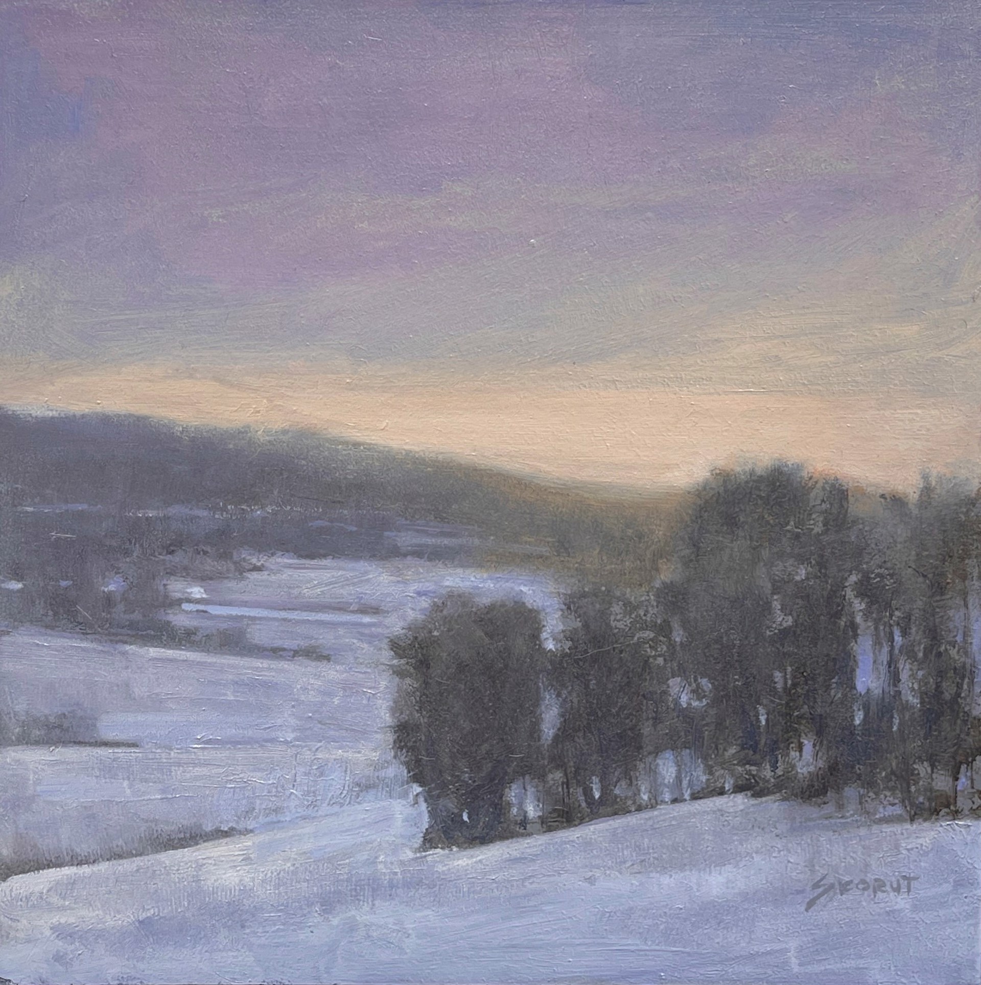 A painting of a snowy landscape with trees in the distance.