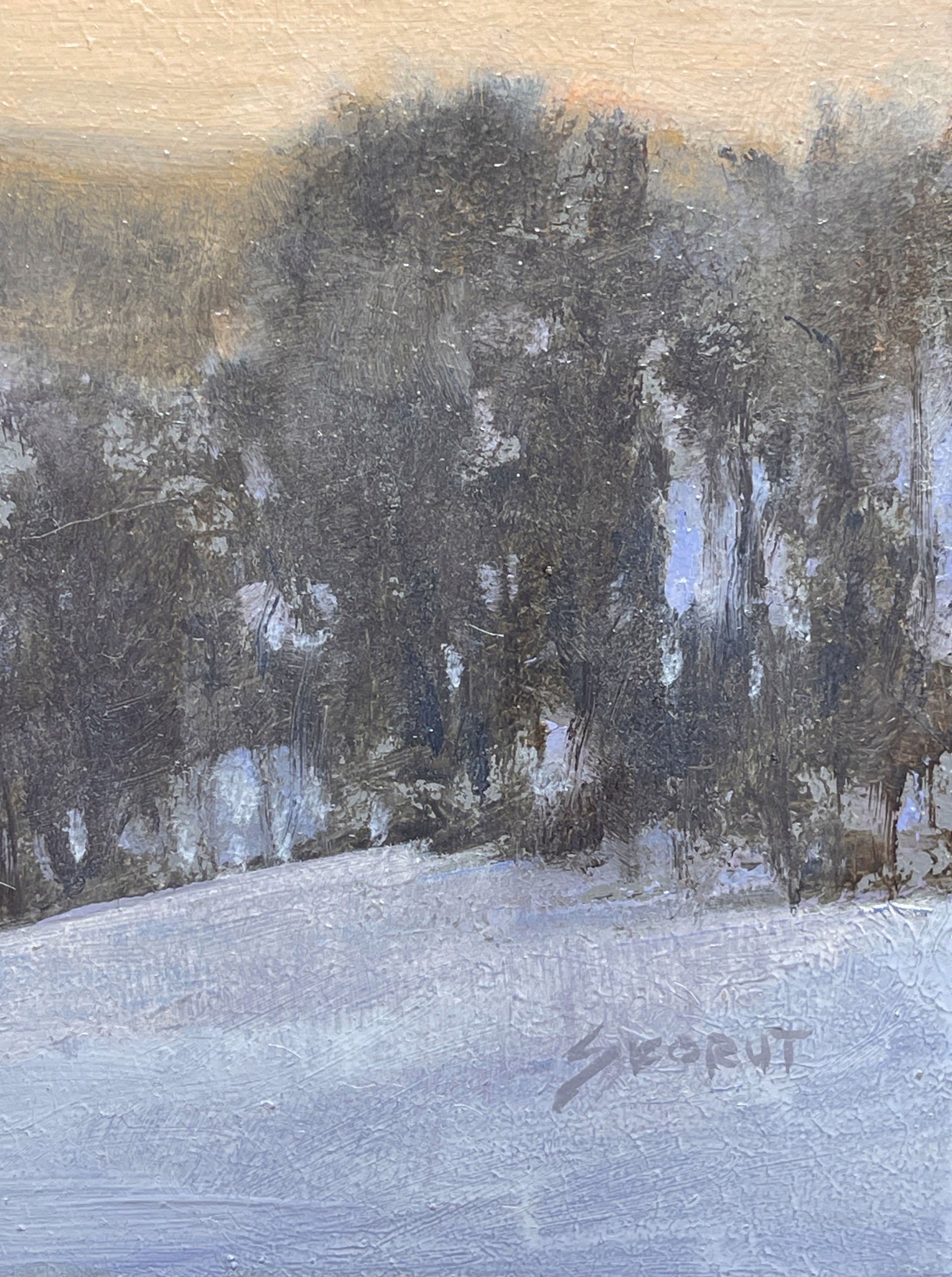A painting of a snowy landscape with trees in the distance.