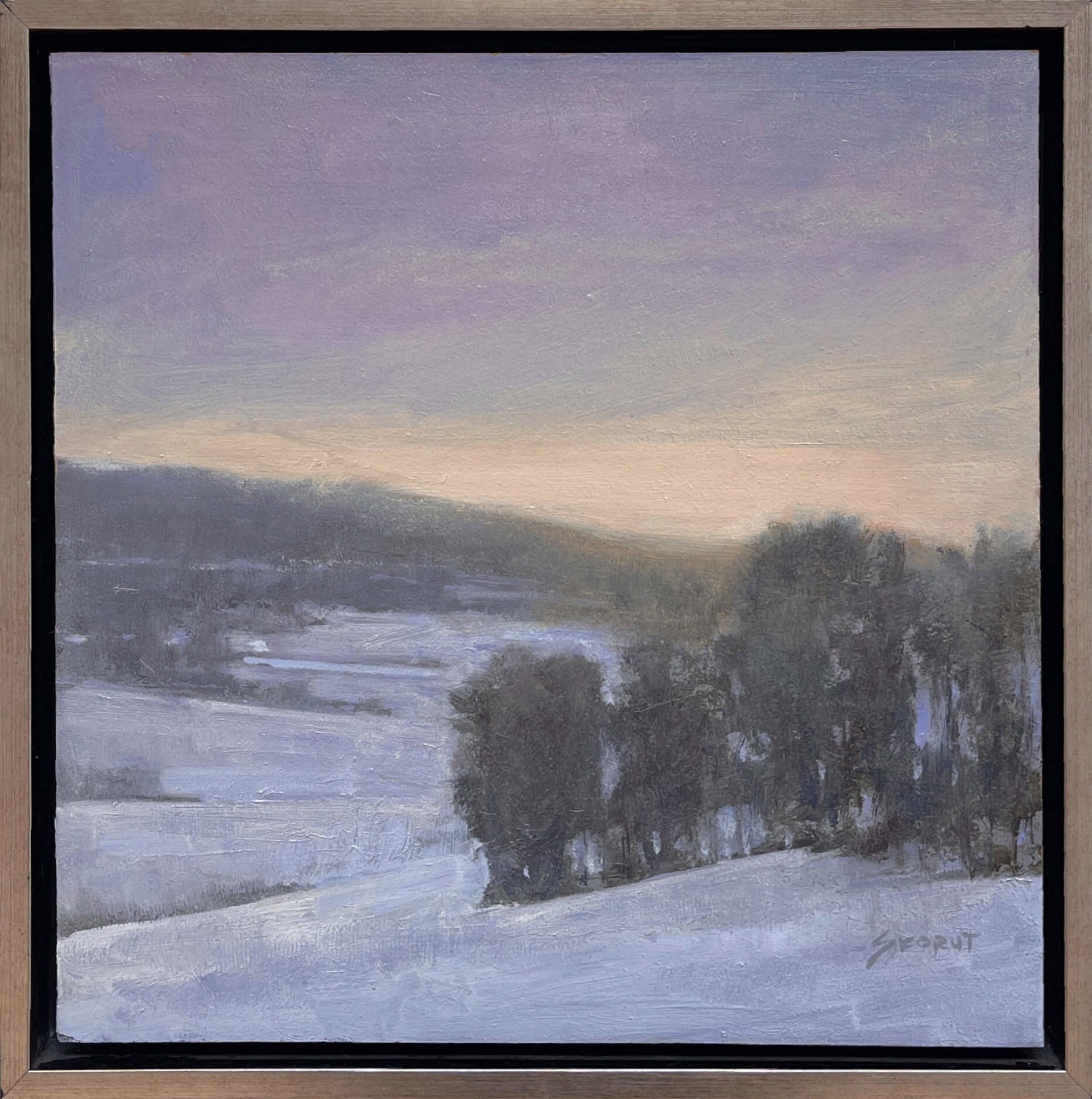 A painting of a snowy landscape with trees in the distance.