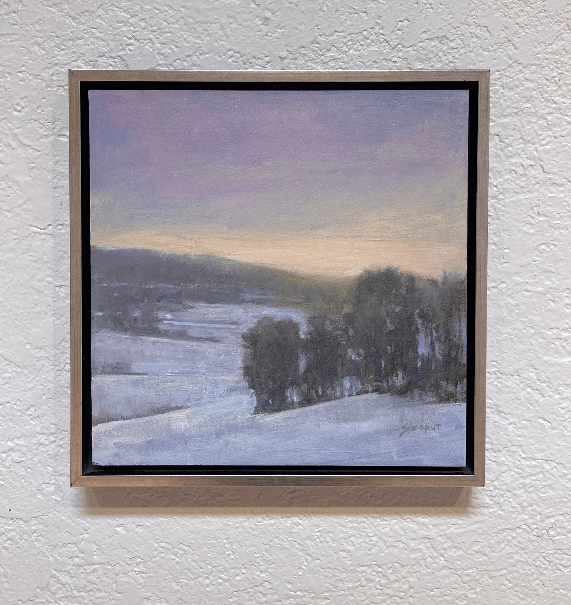 A painting of a snowy landscape with trees in the distance.