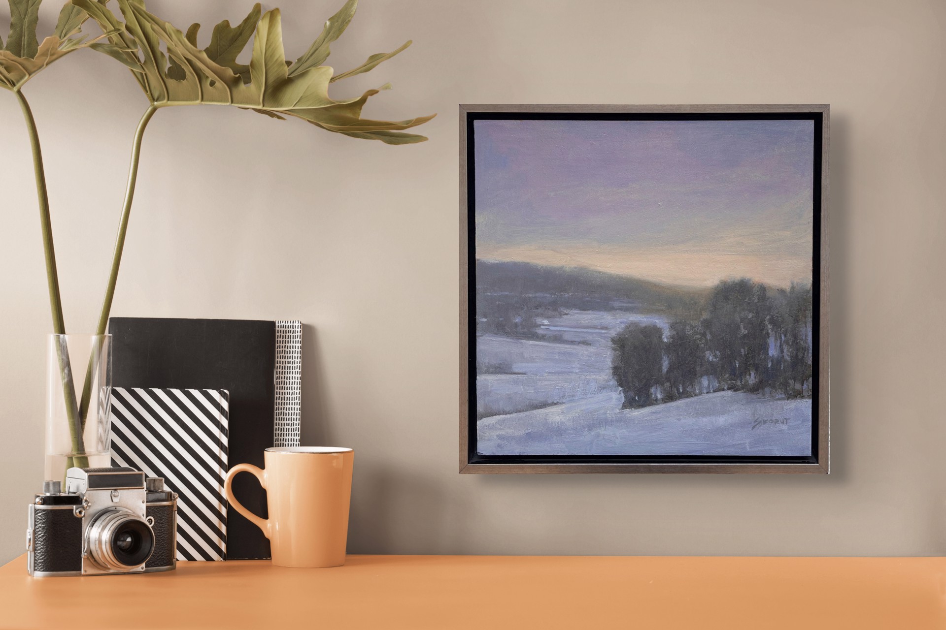 A painting of a snowy landscape with trees in the distance.