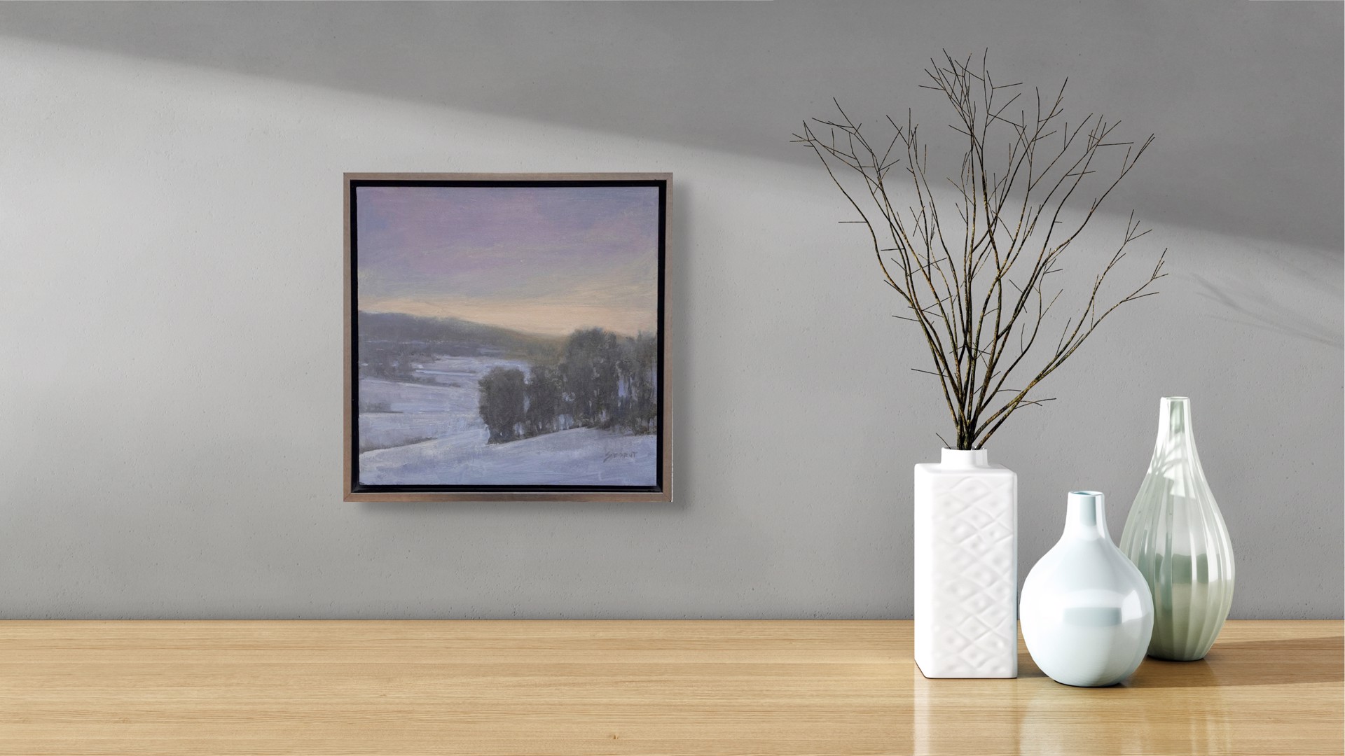 A painting of a snowy landscape with trees in the distance.