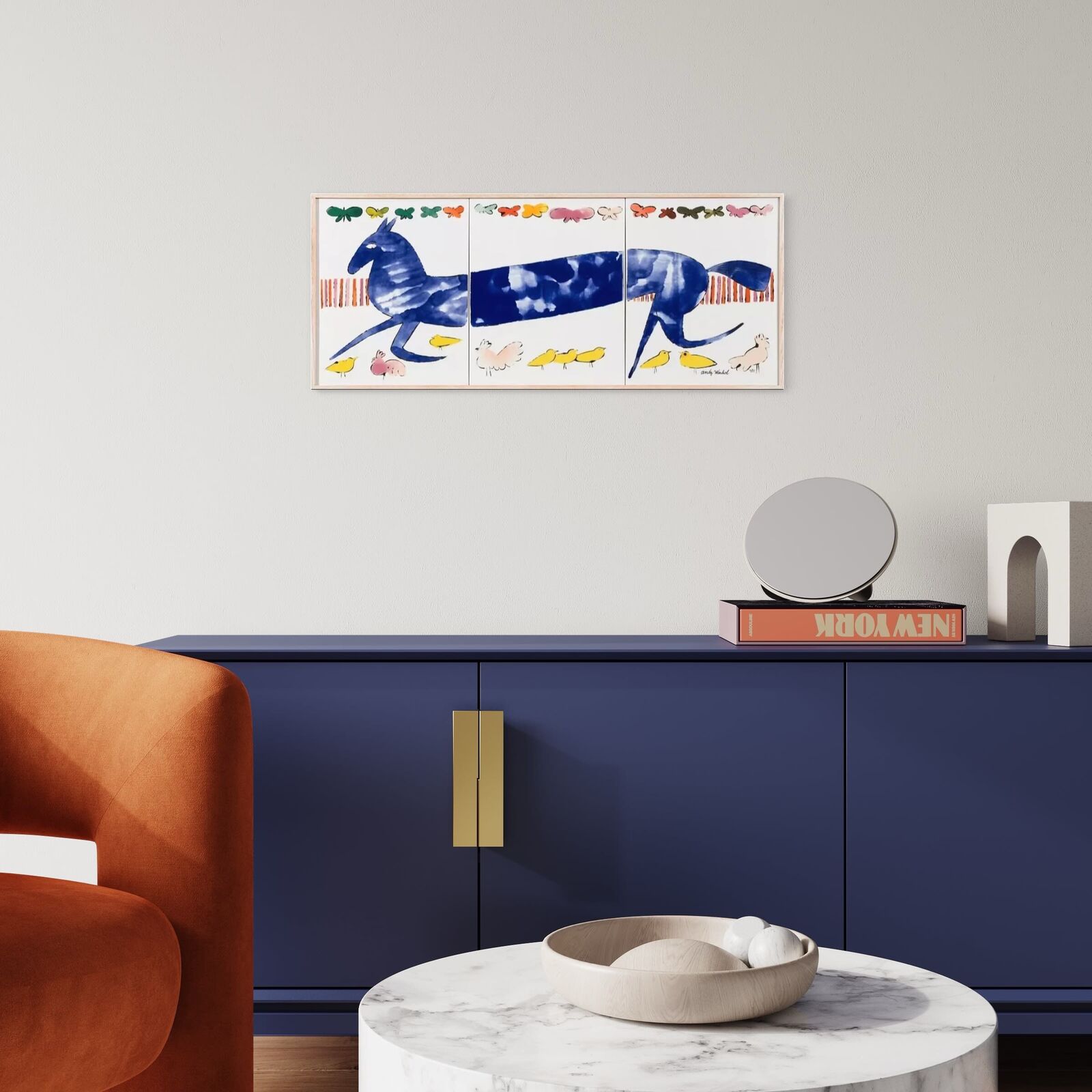 A painting of a horse and birds on a wall.