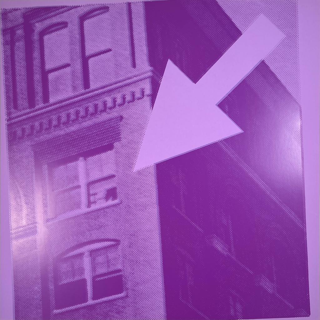 A purple-toned graphic print featuring a building facade and a large white arrow.