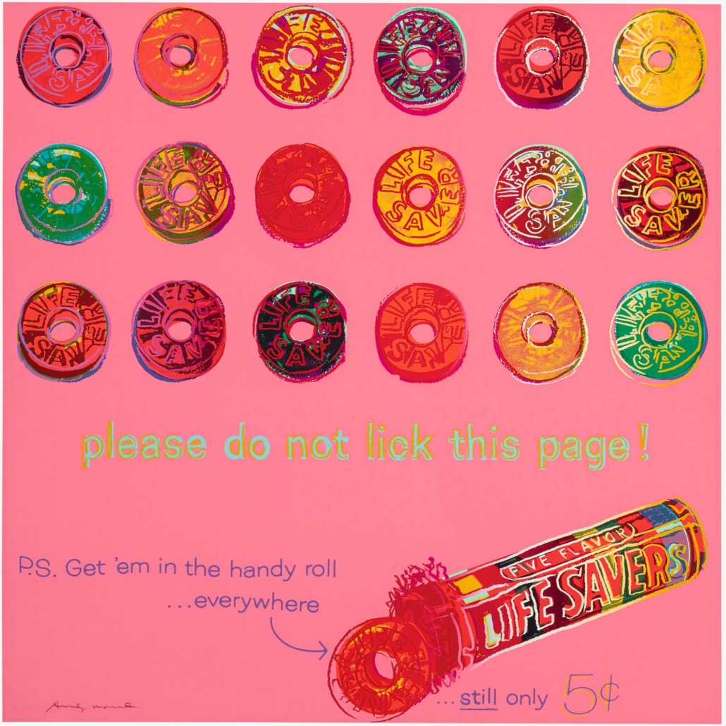 A vibrant pop-art print featuring colorful donuts and a candy tube on a pink background.