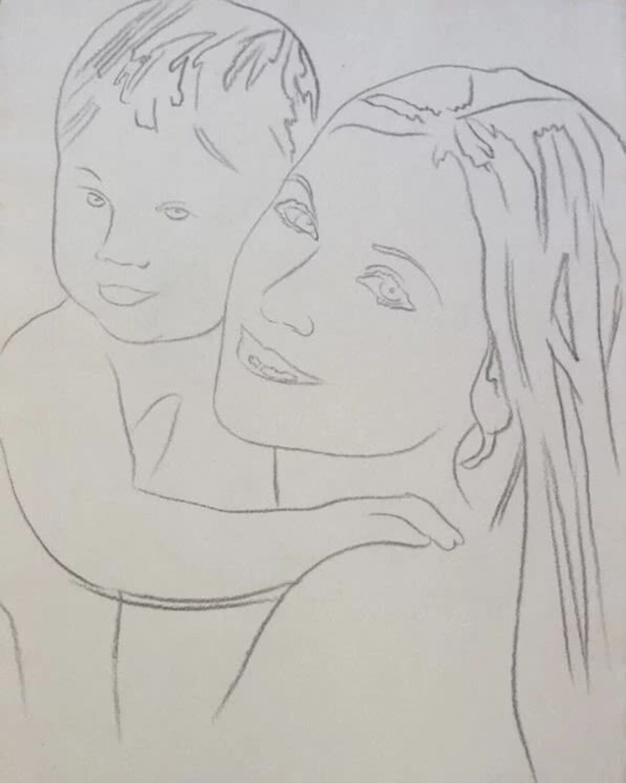 A drawing of a woman holding a child.