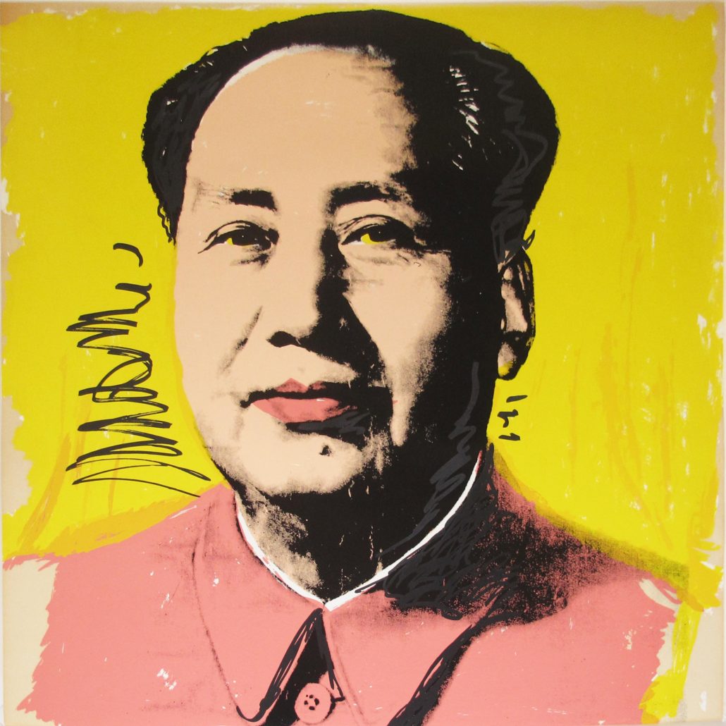 A painting of Mao Zedong on a yellow background.