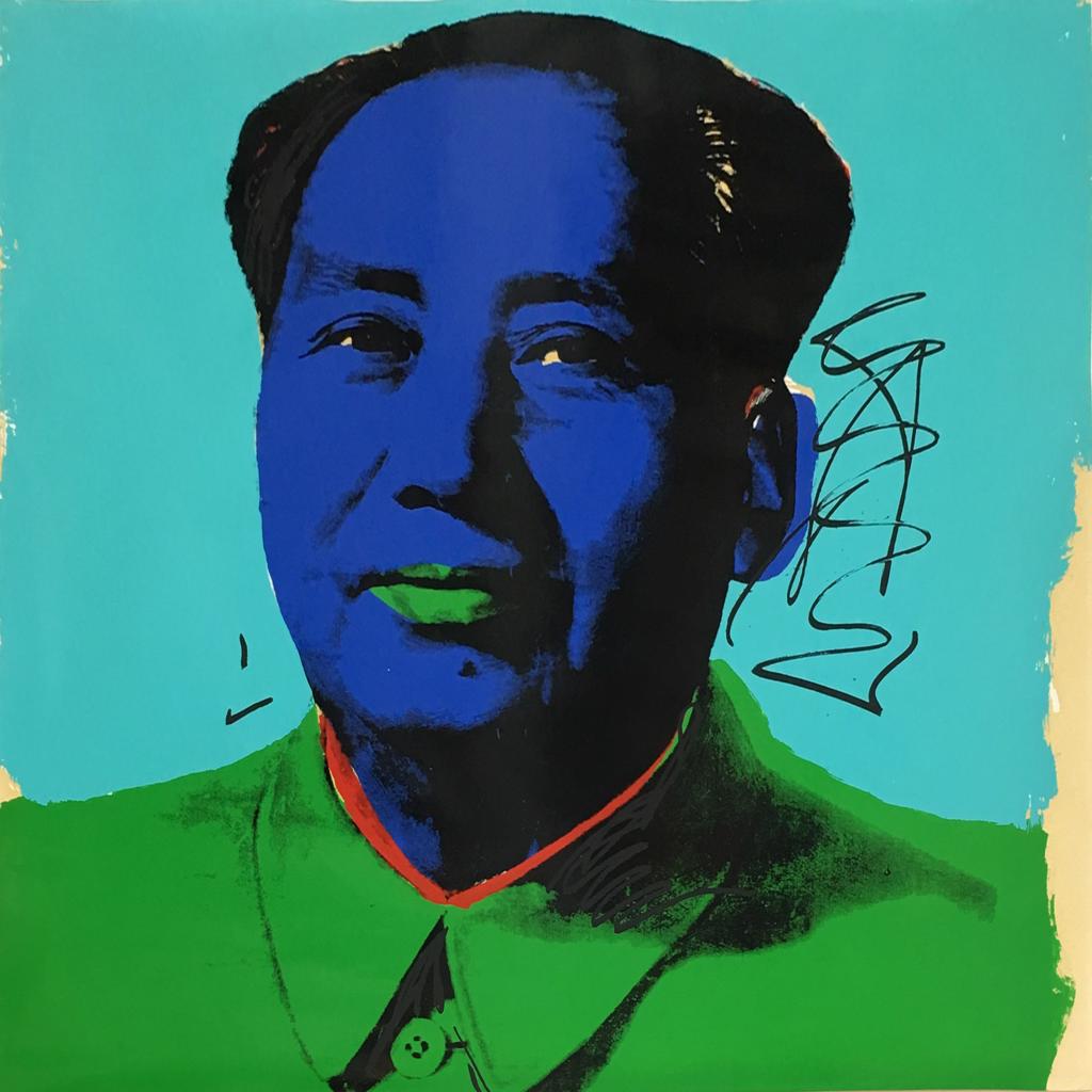 A painting of Mao Zedong on a blue background.