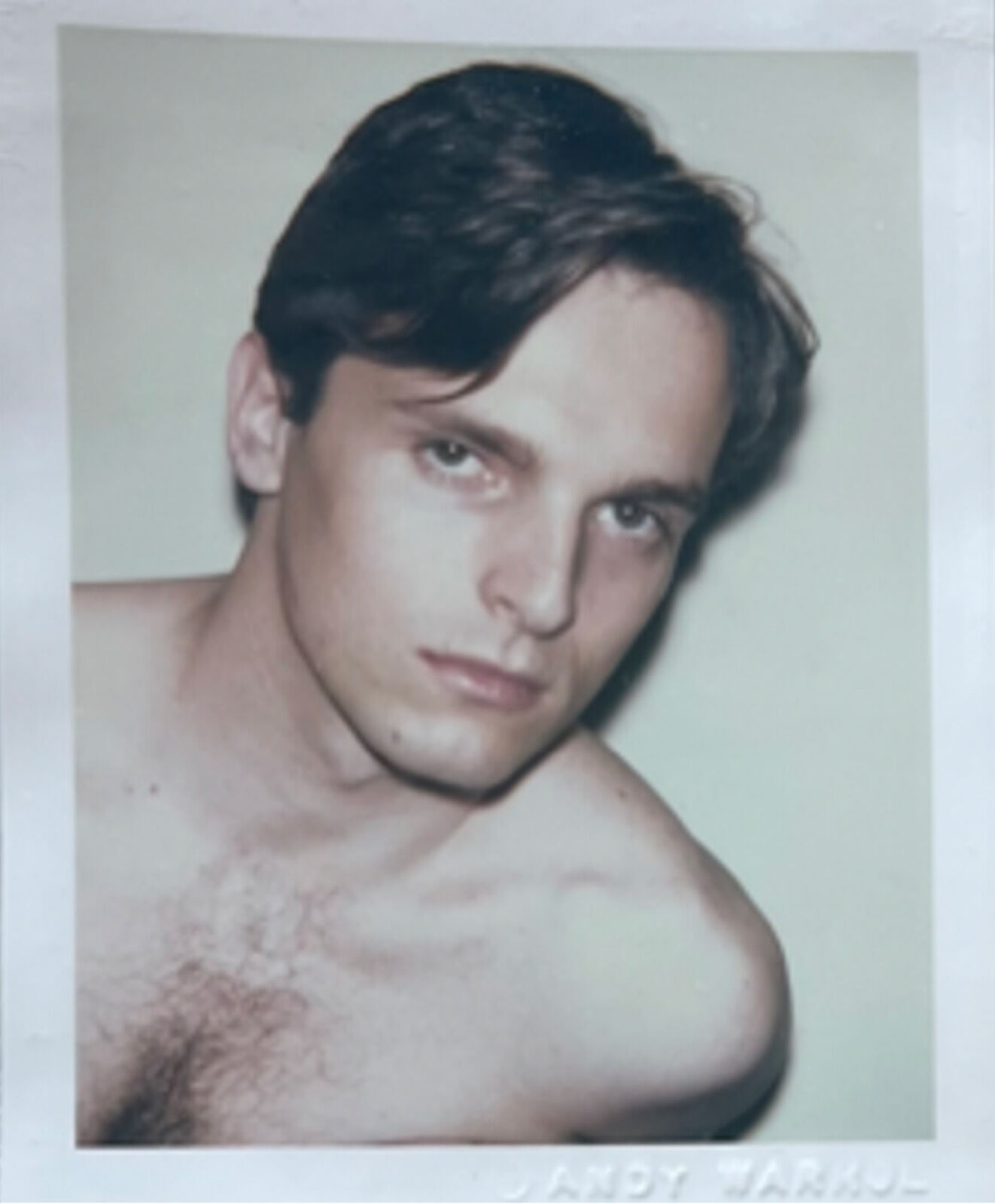 A shirtless young man with no shirt is looking at the camera.