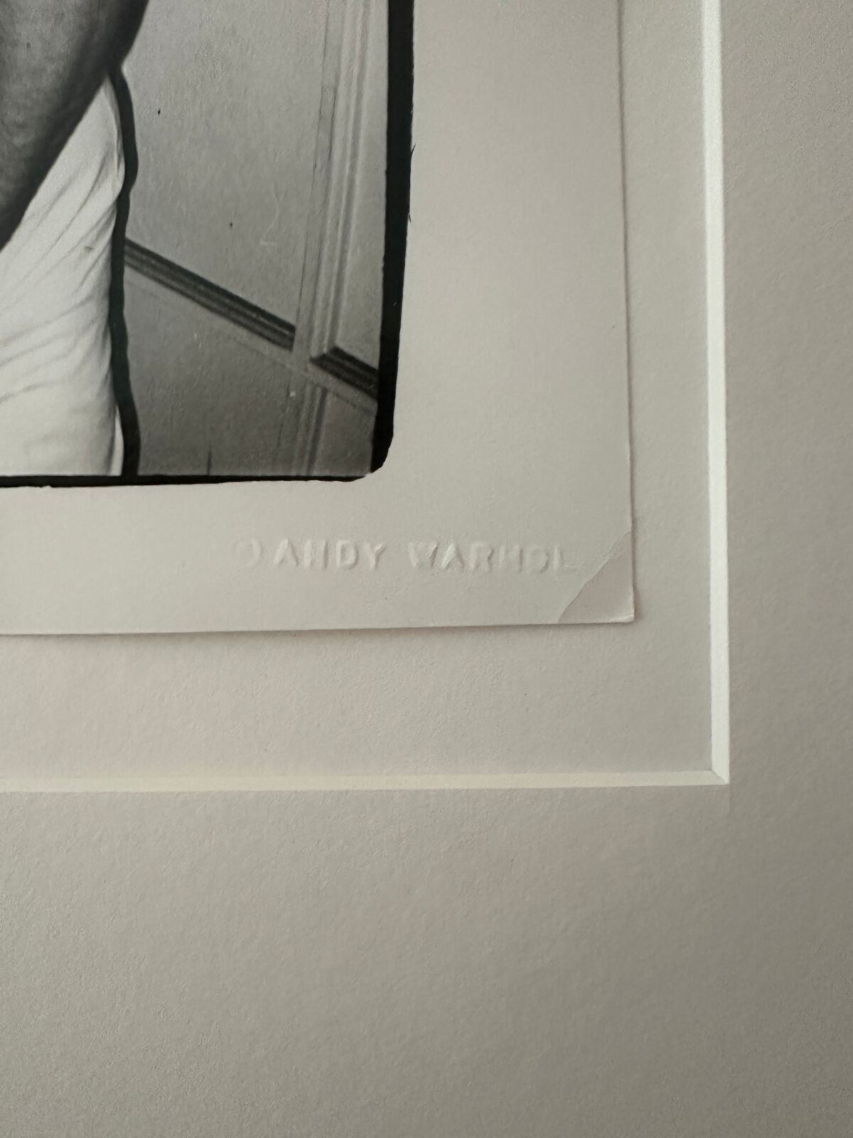 A shirtless man in a sailor's hat standing in front of a door.