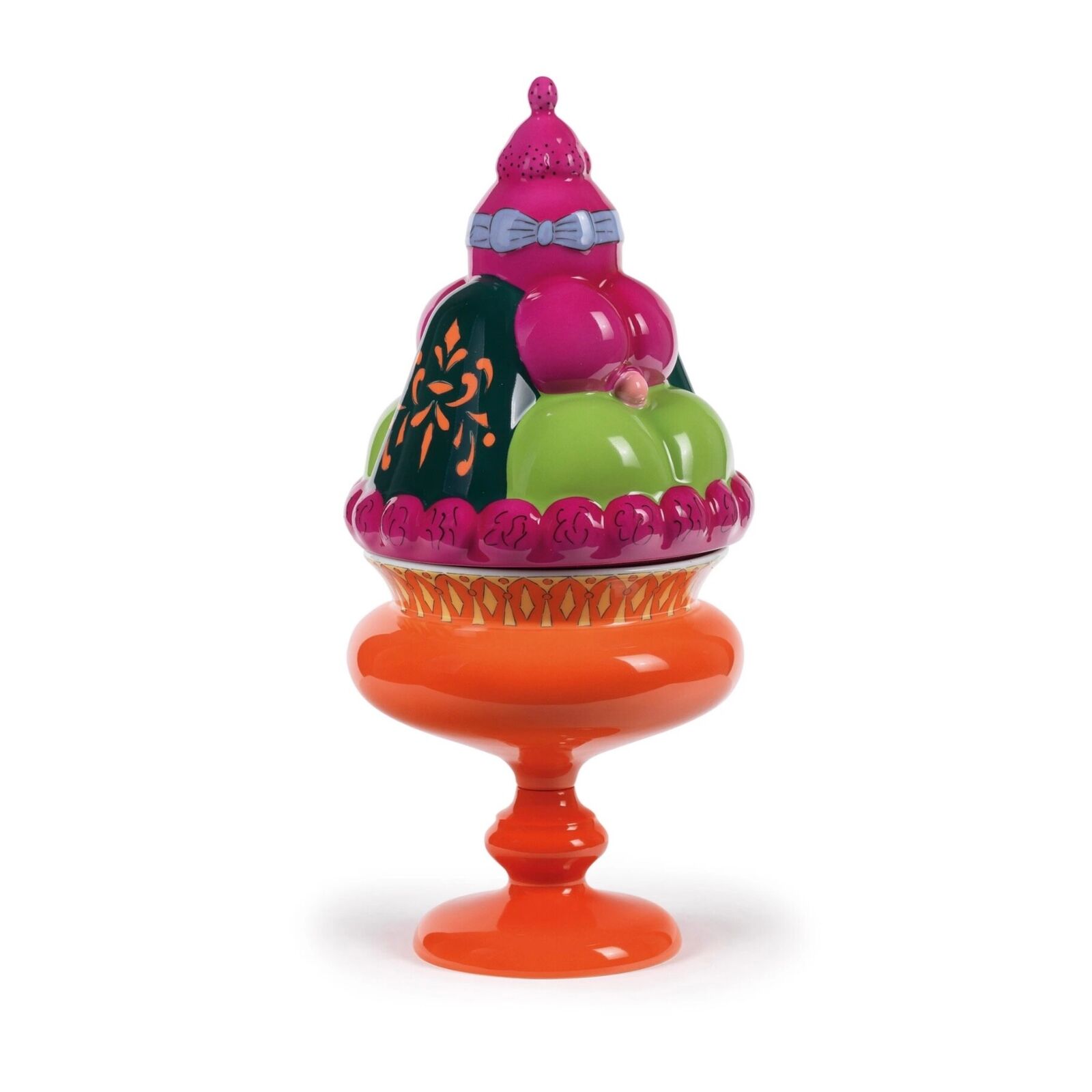 An orange vase with a pink hat on top of it.