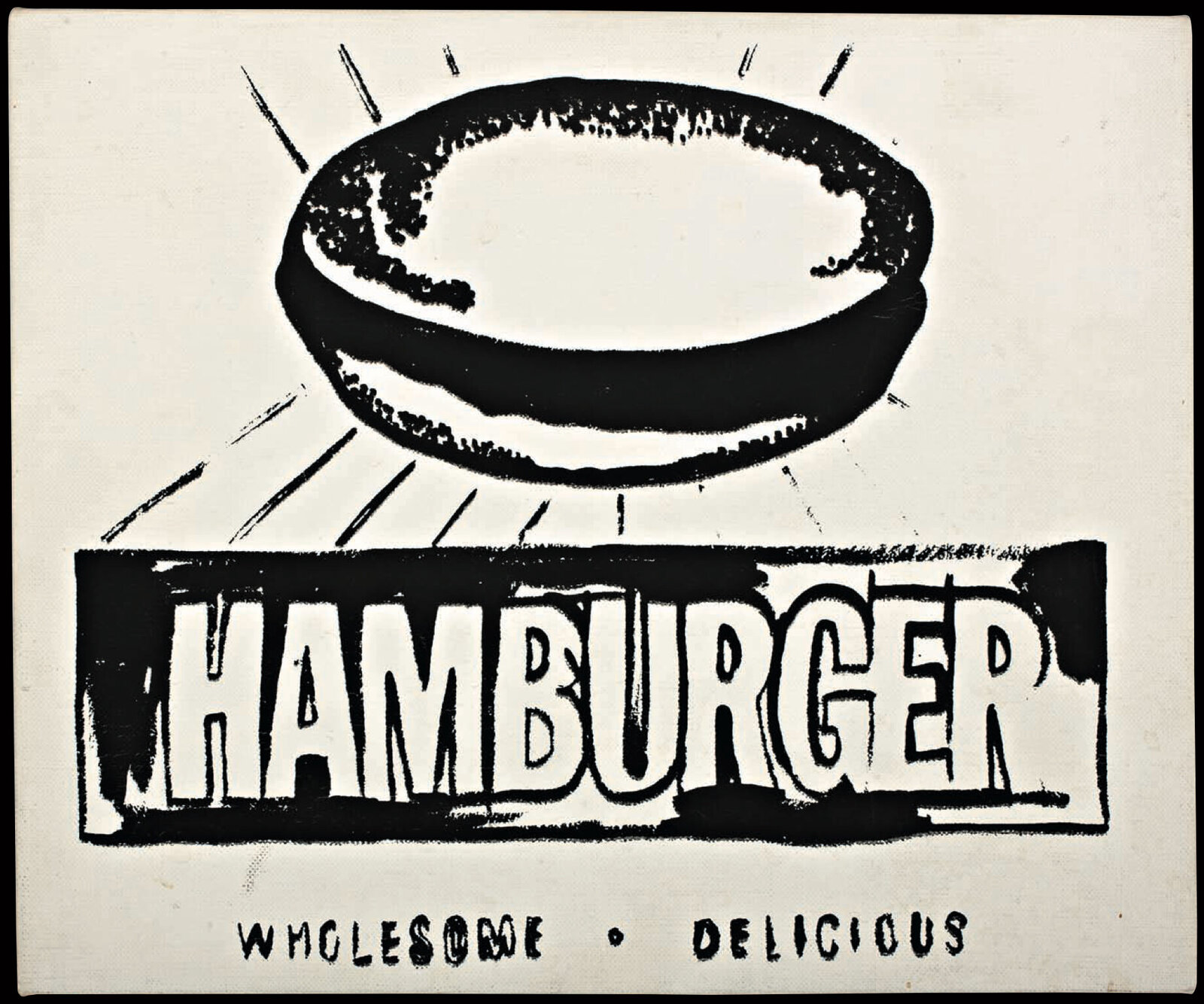 A bold black-and-white graphic of a hamburger with the word 'HAMBURGER' in large, blocky letters below it.