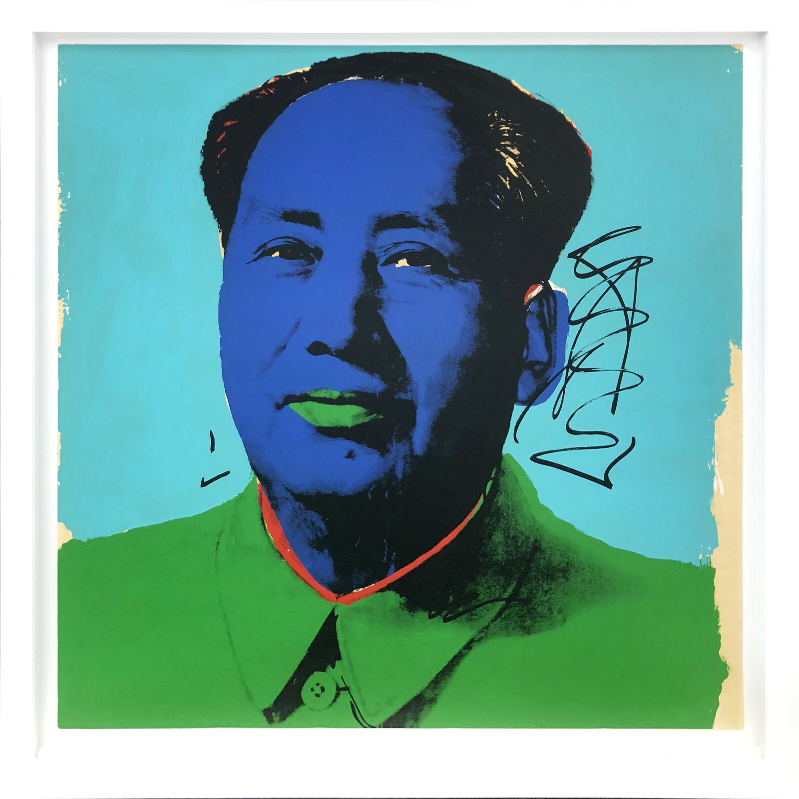 A bold pop-art portrait featuring a figure with an intense blue face against a turquoise background.