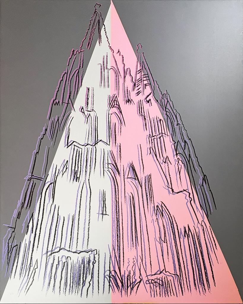 A drawing of a mountain with a pink triangle on it.