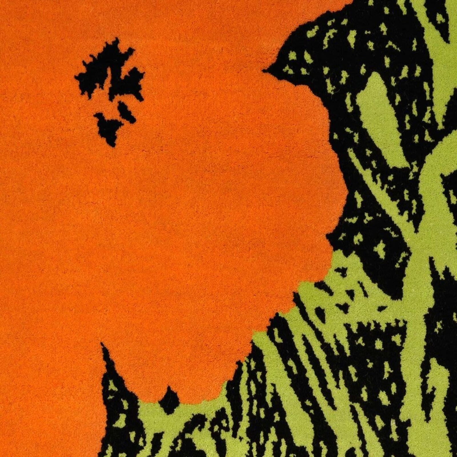 A painting of three red and orange flowers on a green background.