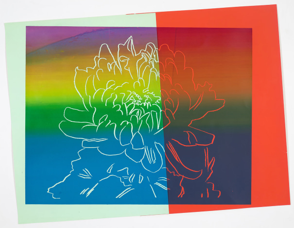 Artwork by Andy Warhol, Kiku, Made of Unique screenprint with paper collage mounted to card support 