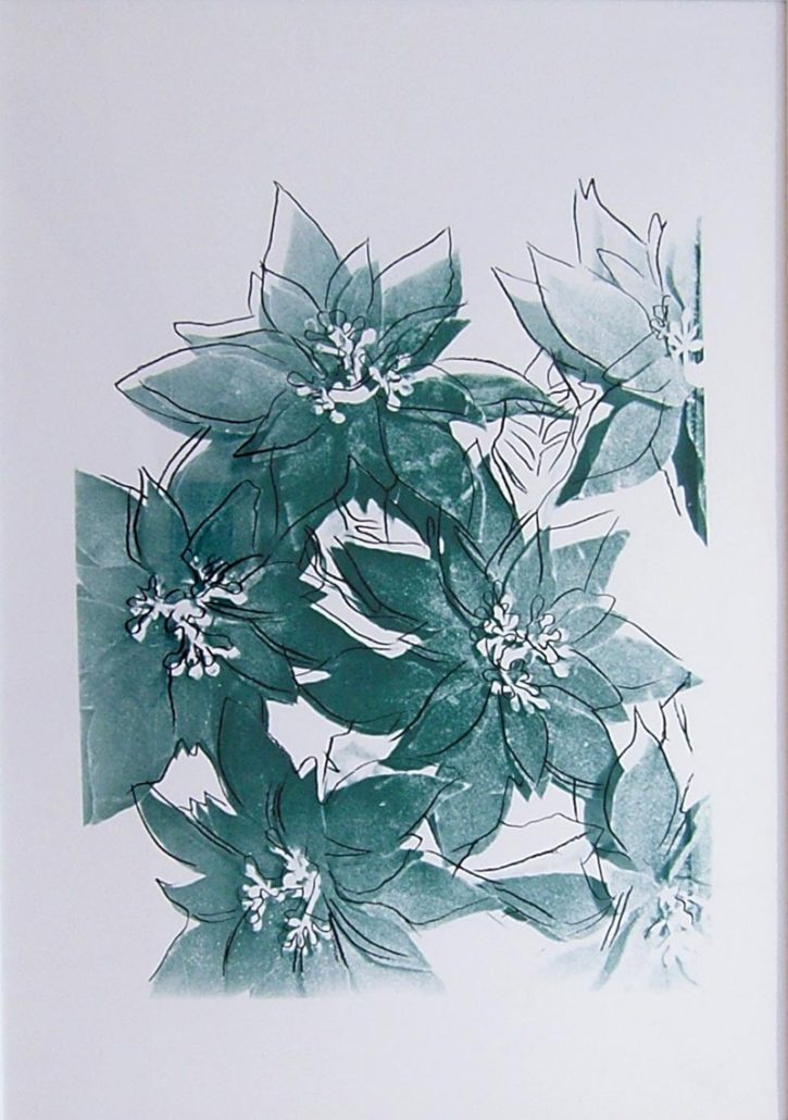 A blue and white drawing of a bunch of flowers.