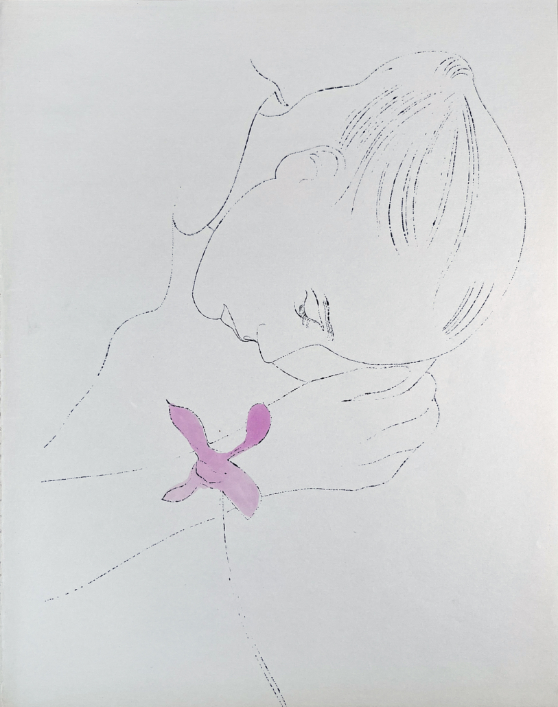 A drawing of a woman with a pink flower in her hand.