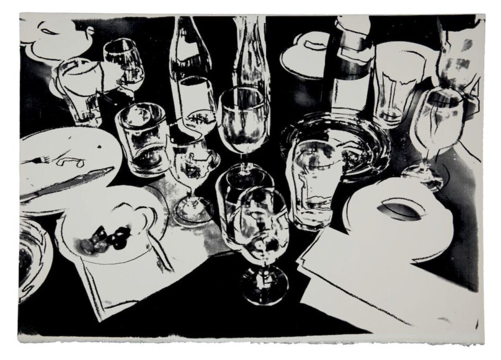 A black and white drawing of a table with wine glasses and plates.