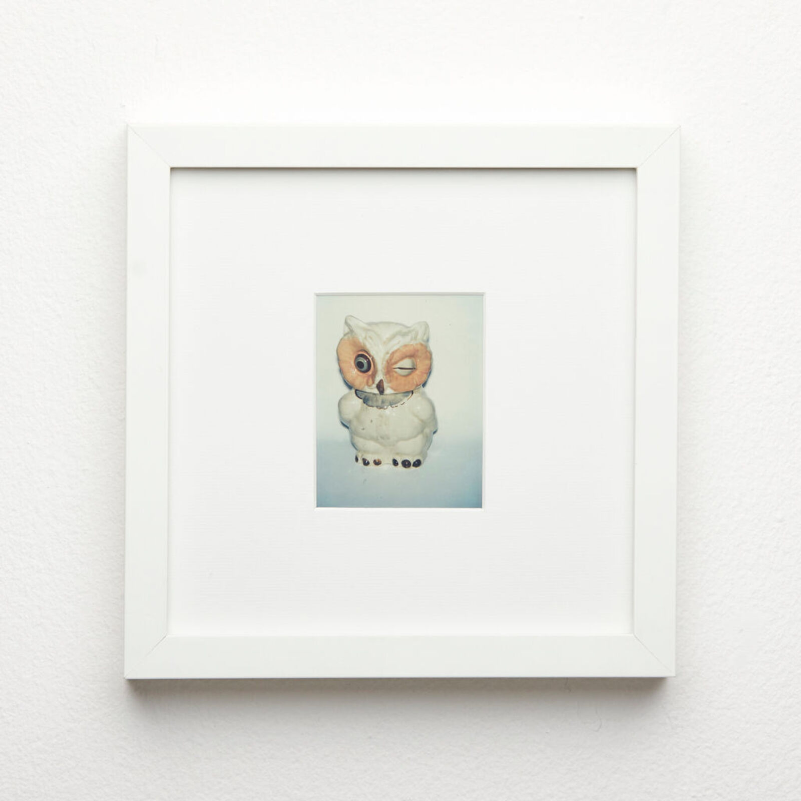 A picture of an owl in a white frame on a wall.