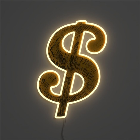 Artwork by Andy Warhol, Dollar Sign, Made of Gold neon mounted on clear acrylic with adjustable touch dimmer 