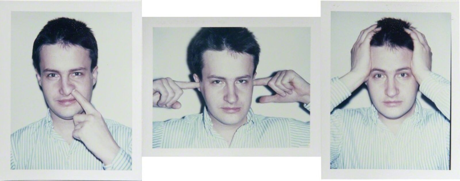three polaroids of a man with his hands on his head