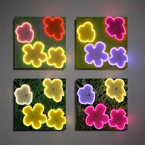 Artwork by Andy Warhol, Flowers Deluxe LED Neon Sign (set of 4), Made of LED neon artwork with energy-efficient tubing, full board backing 