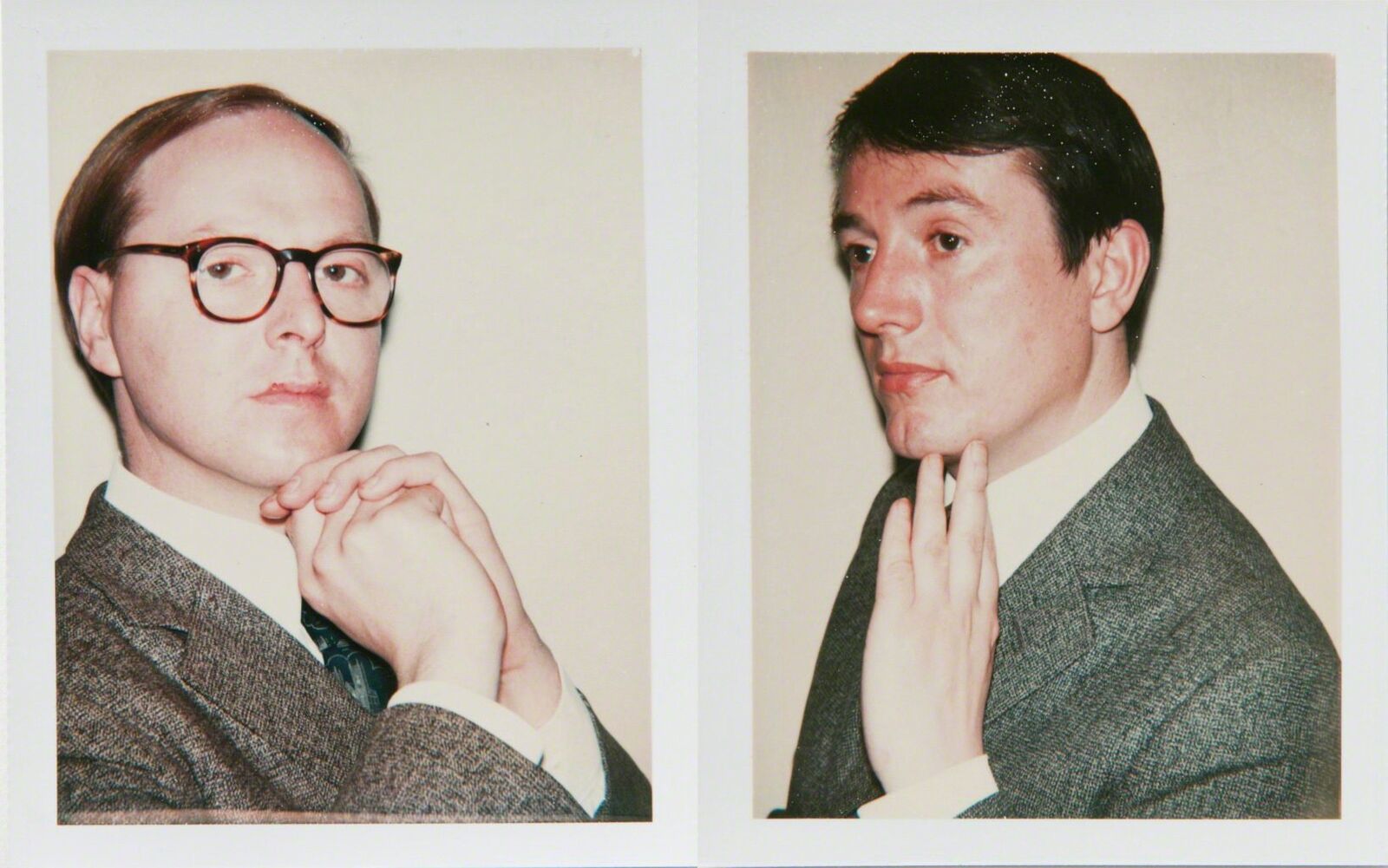 Two pictures of a man with glasses and a suit.