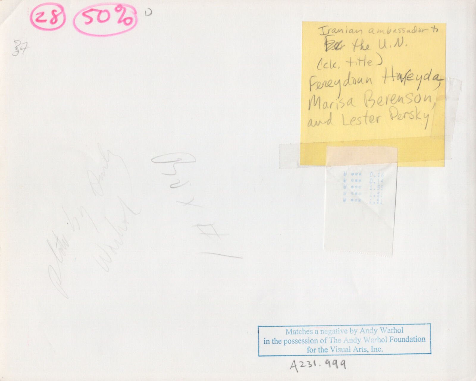 Artwork by Andy Warhol, Iranian Ambassador Hoveyda, Marisa Berenson, Lester Persky, Made of Unique gelatin silver print 