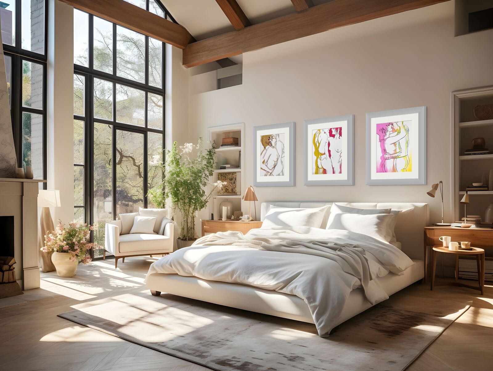 A bedroom with a bed and three framed pictures on the wall.