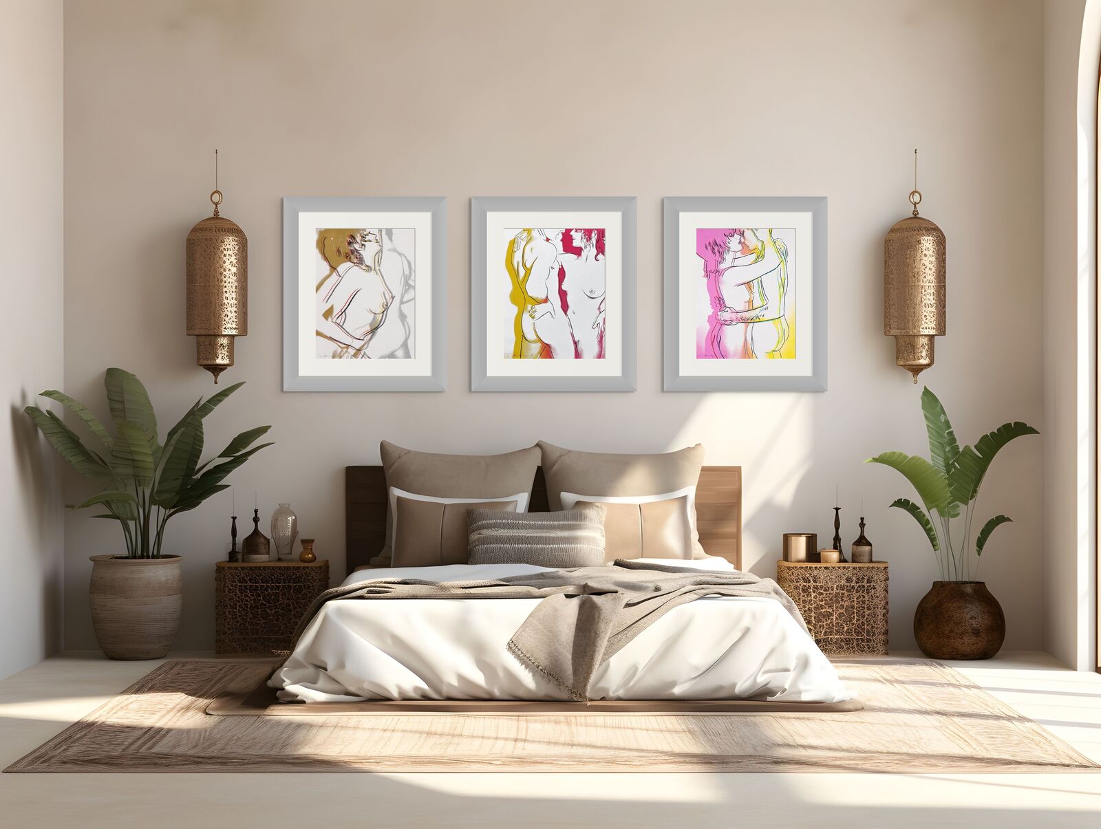 A bedroom with a bed and three framed pictures on the wall.