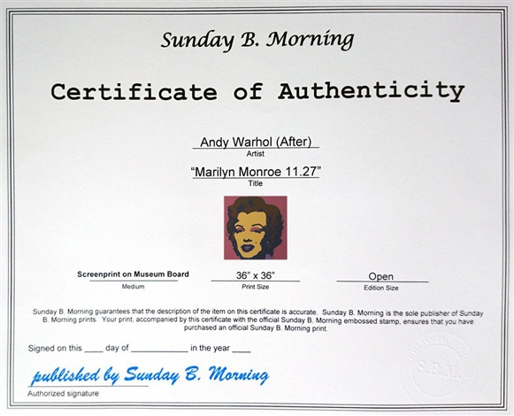 Artwork by Andy Warhol, Marilyn Monroe 11.27, Made of Silkscreen on Museum Board 