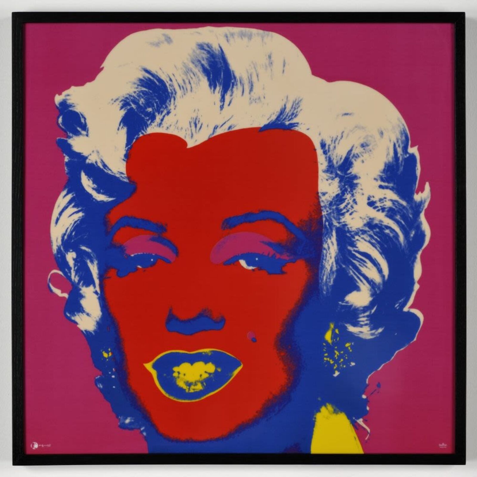 A bold pop-art portrait featuring a stylized face with vibrant red skin, blue hair, and yellow lips against a magenta background.