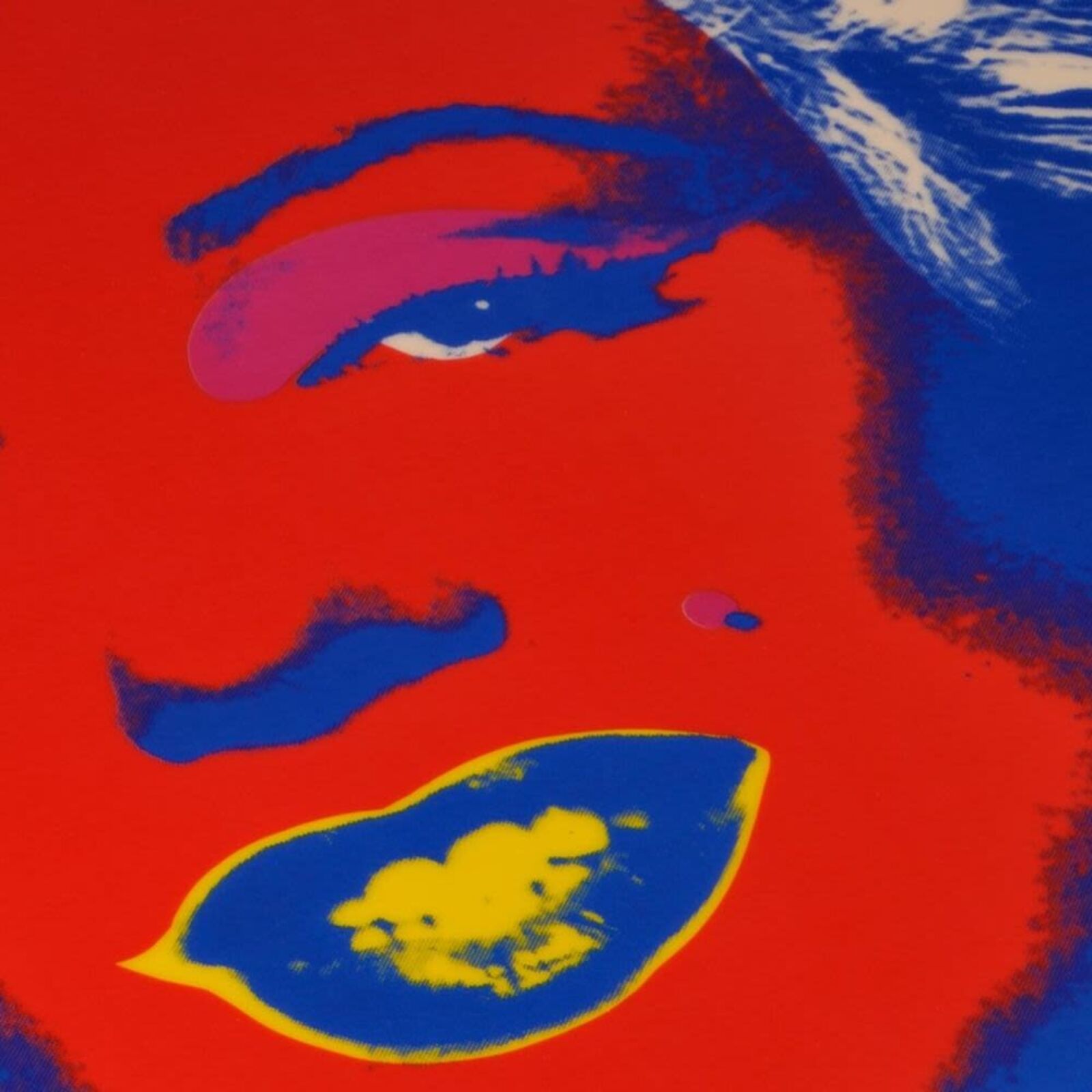 A bold pop-art portrait featuring a stylized face with vibrant red skin, blue hair, and yellow lips against a magenta background.