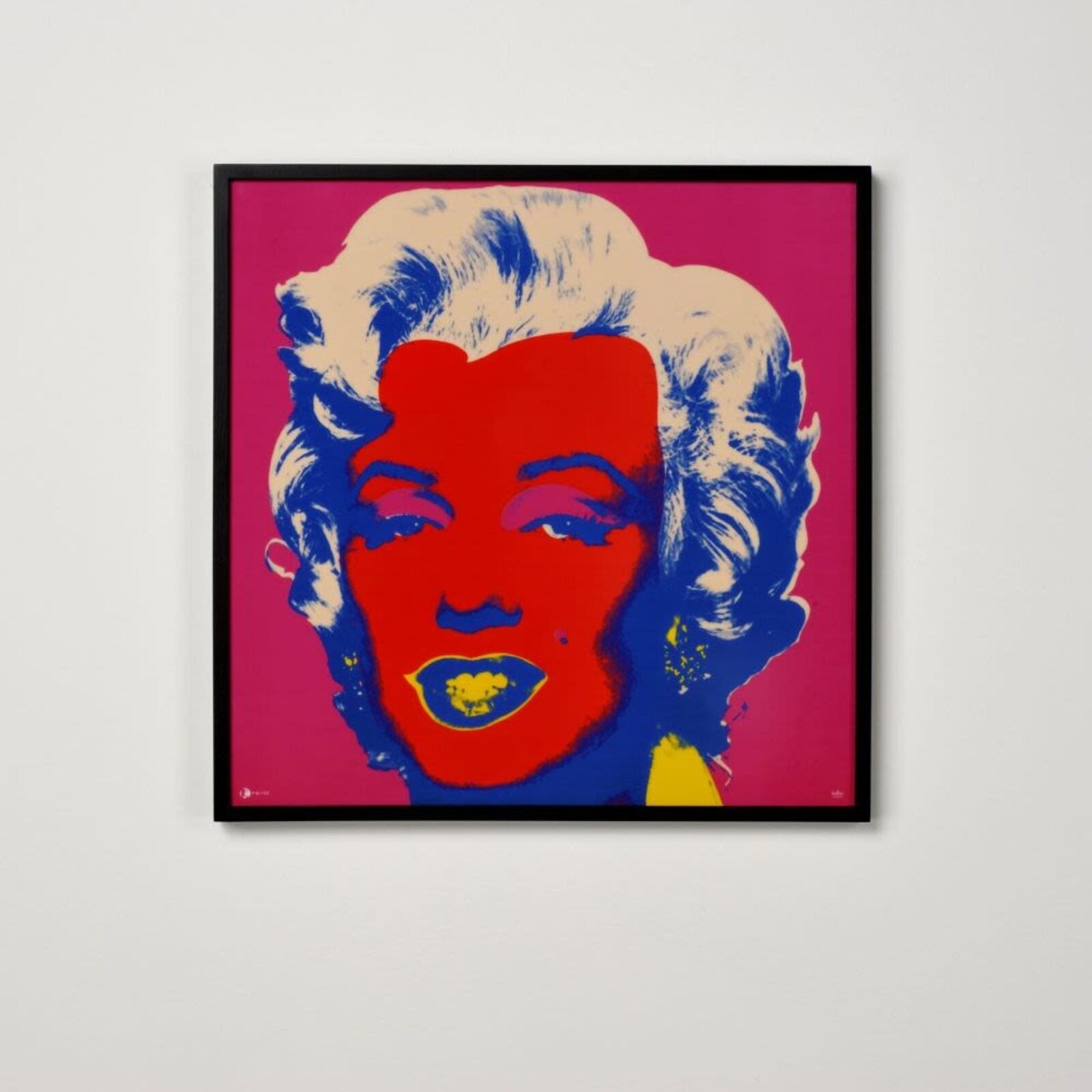 A bold pop-art portrait featuring a stylized face with vibrant red skin, blue hair, and yellow lips against a magenta background.