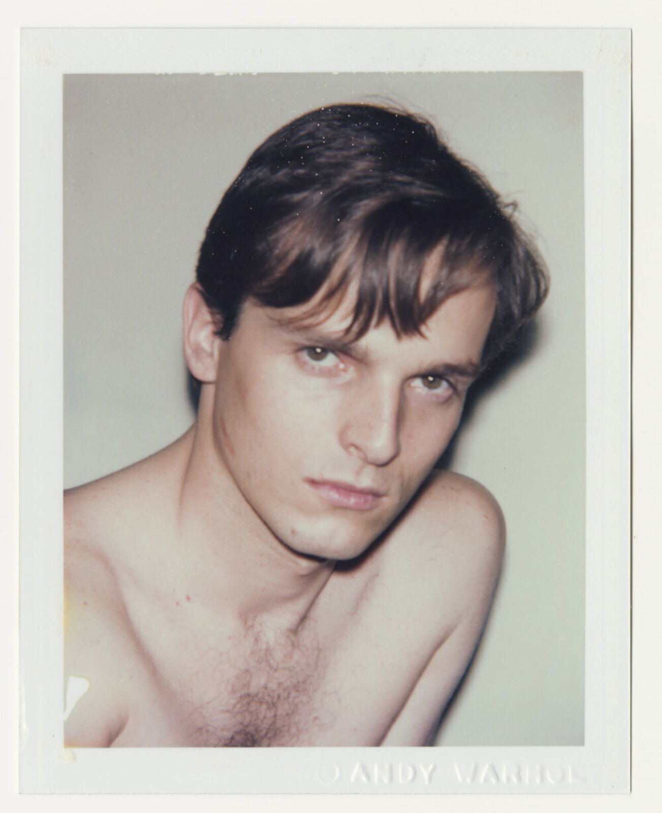 A shirtless young man with no shirt is looking at the camera.