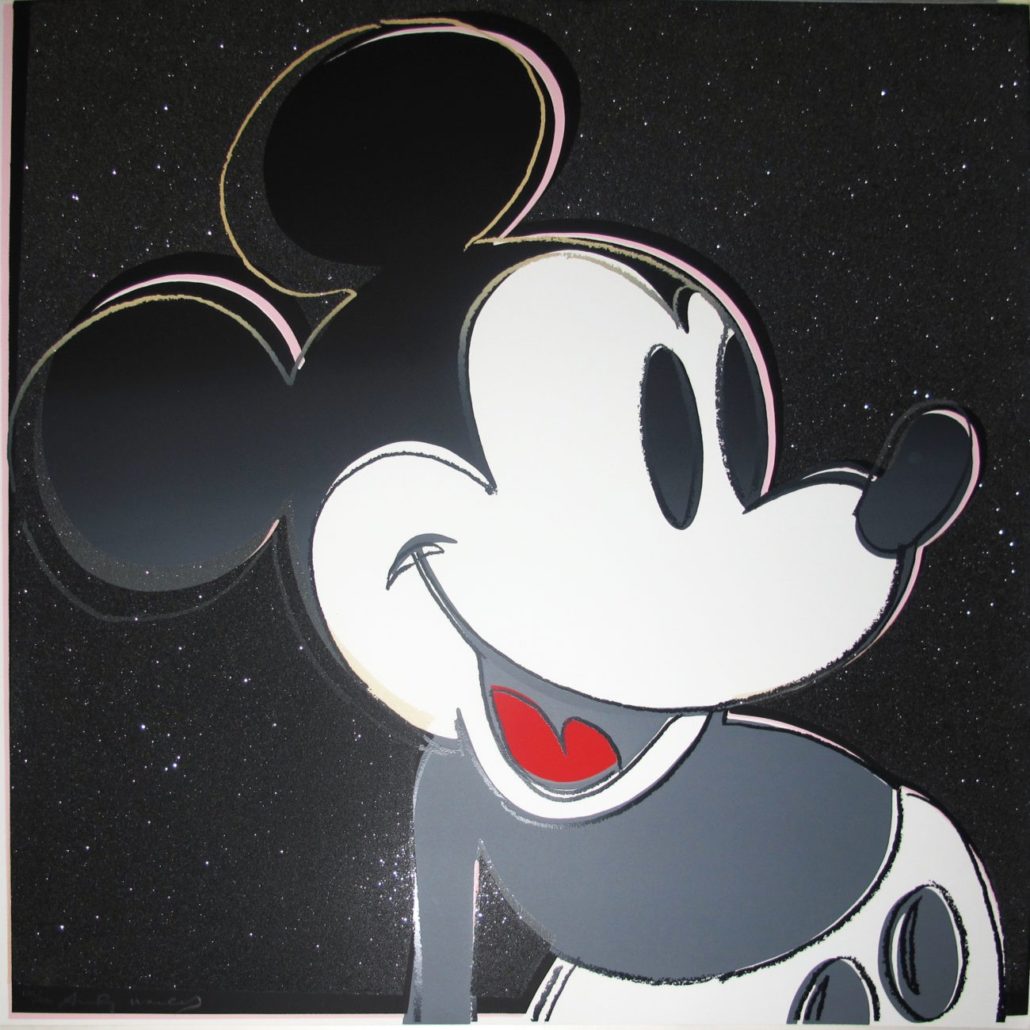 A painting of a smiling mickey mouse on a black background.