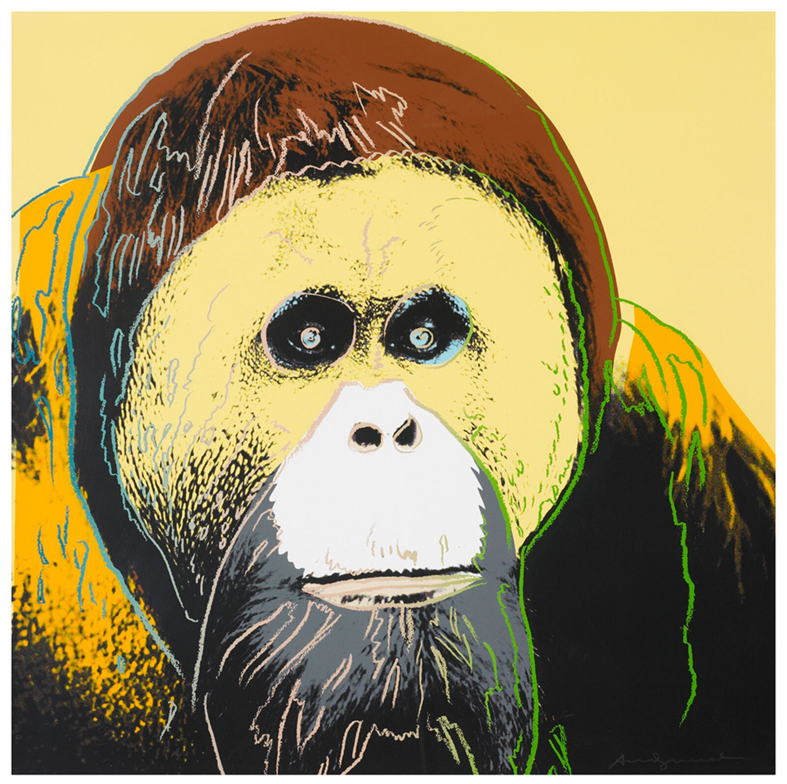 A painting of an orangutan with a yellow background.