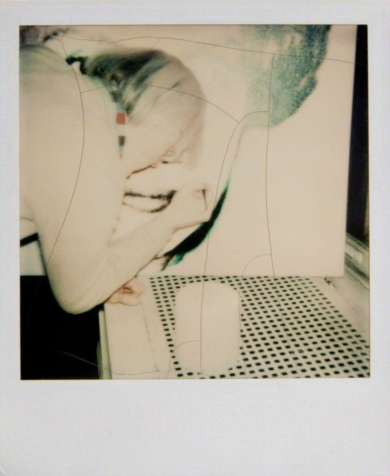 A polaroid photo of a woman leaning over a table.