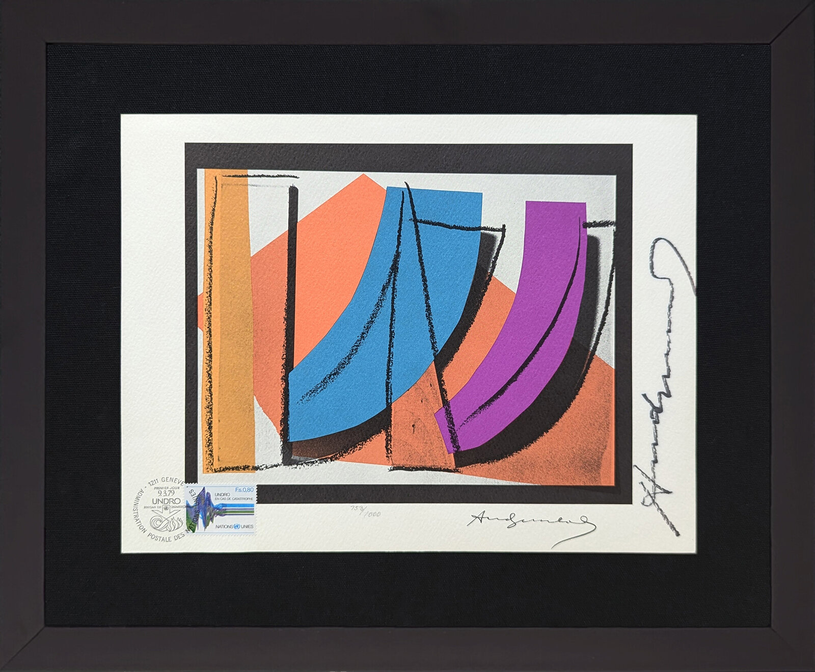 A vibrant abstract print featuring bold geometric shapes in a dynamic composition.