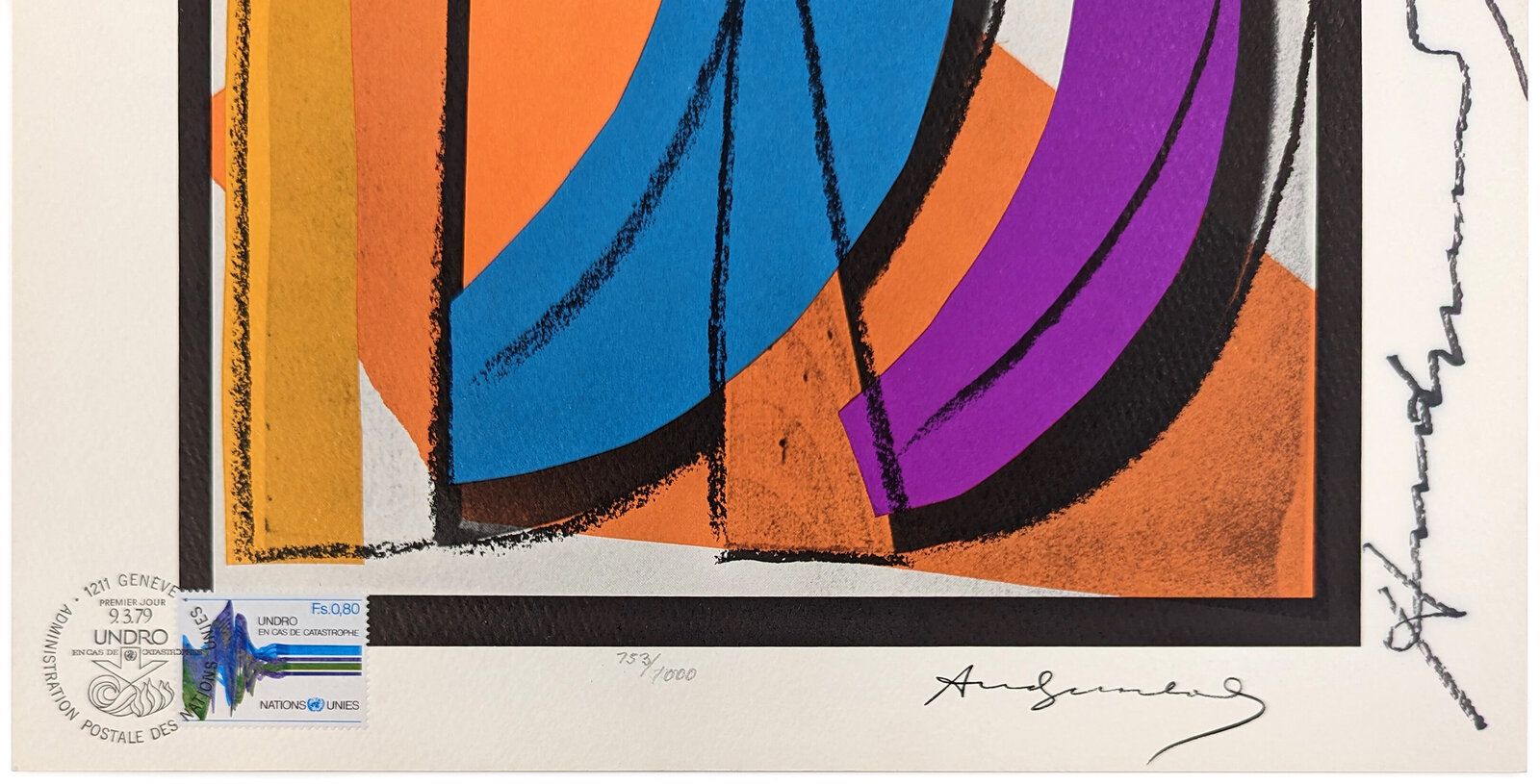 A vibrant abstract print featuring bold geometric shapes in a dynamic composition.