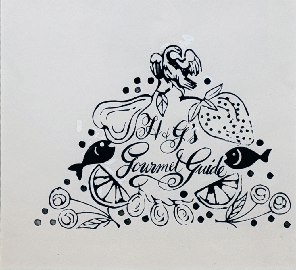 Artwork by Andy Warhol, Untitled (H & G’s Gourmet Guide), Made of Unique black ink rubber stamp print with hand-painted additions, on Strathmore card stock 