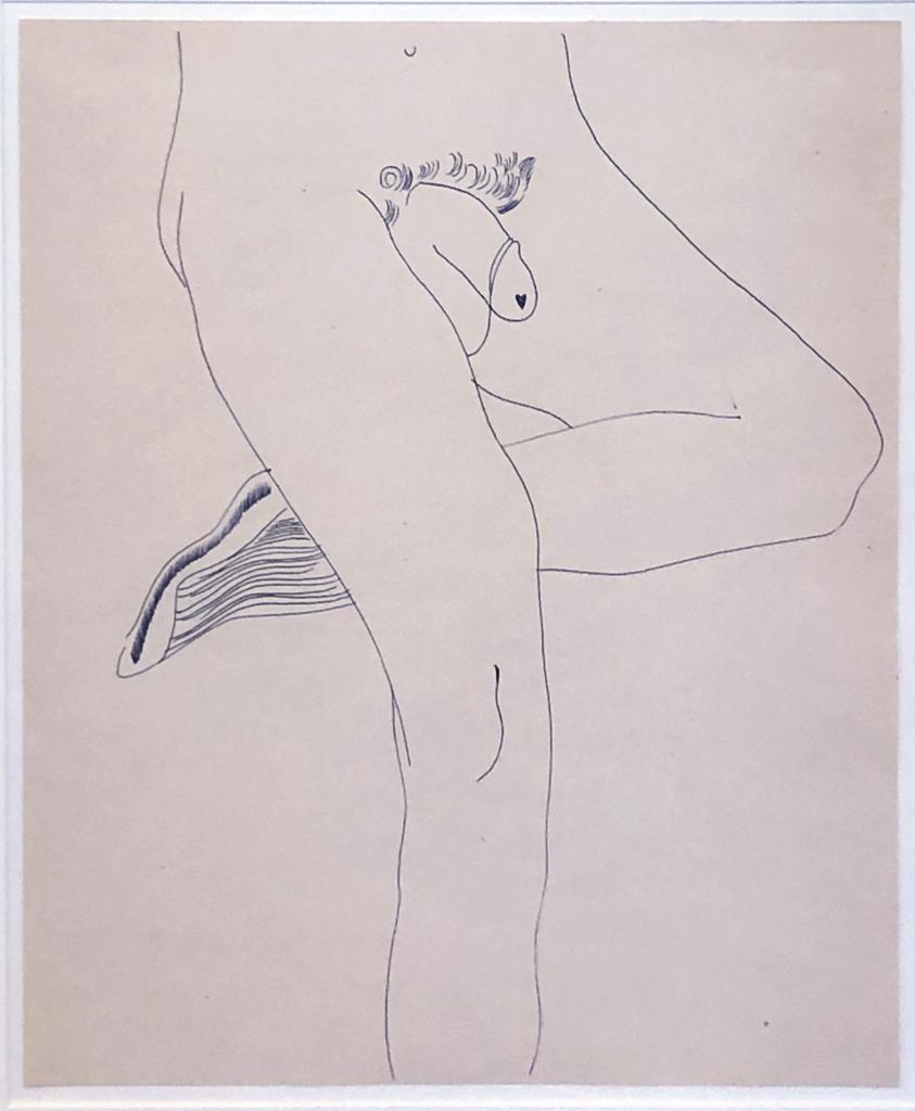 A drawing of a nude woman with her back to the camera.