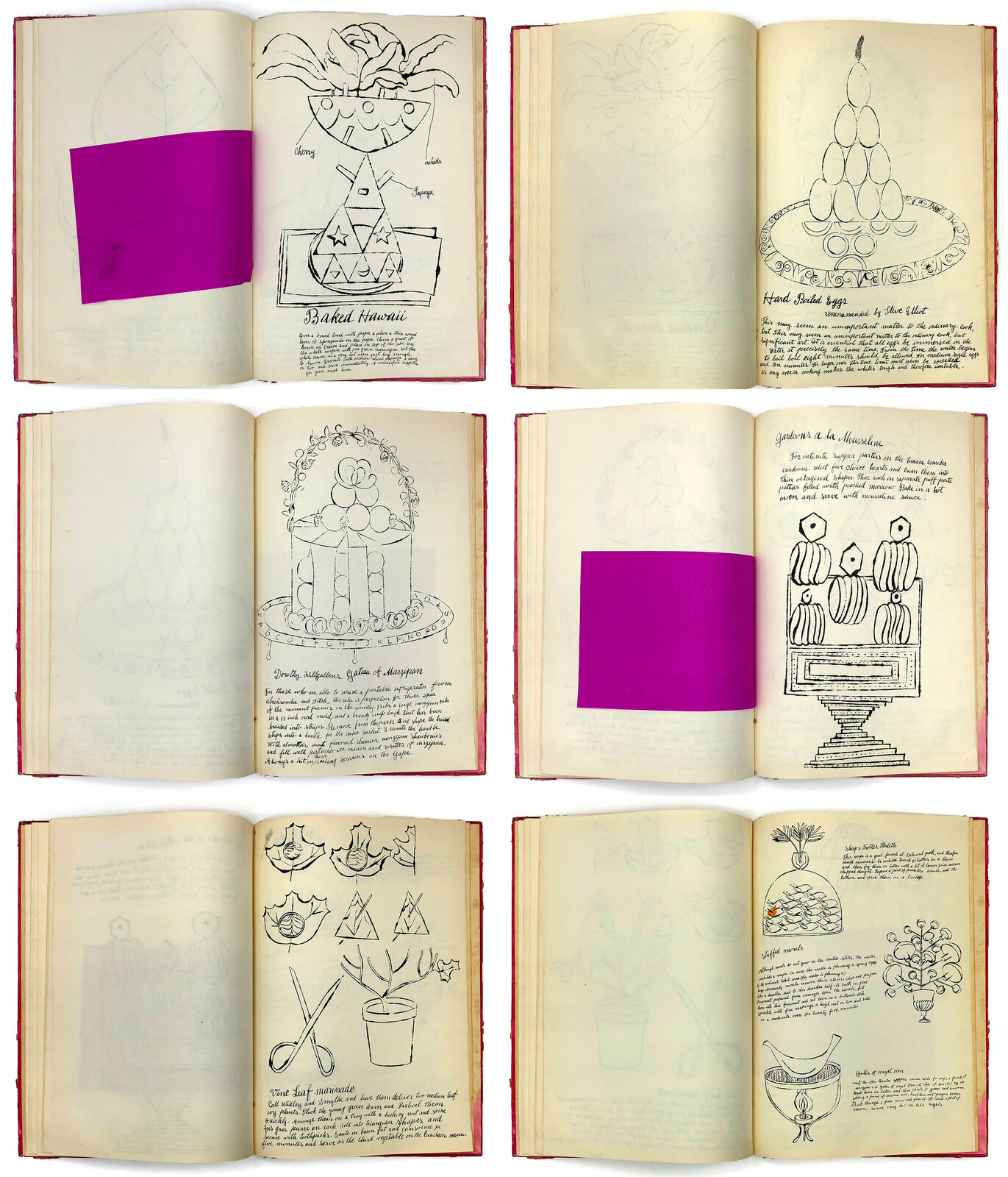 A grid of six open recipe books featuring whimsical food illustrations and handwritten instructions.