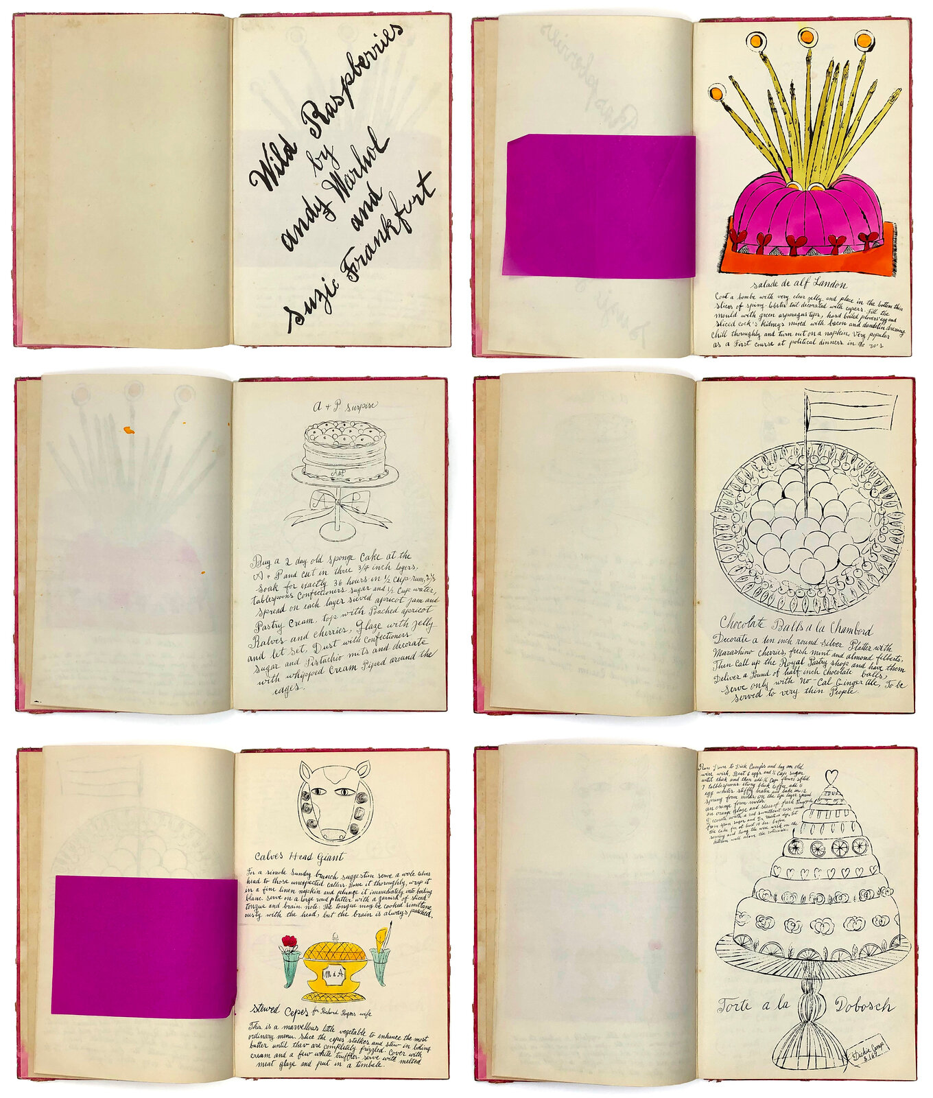 A grid of six open recipe books featuring whimsical food illustrations and handwritten instructions.