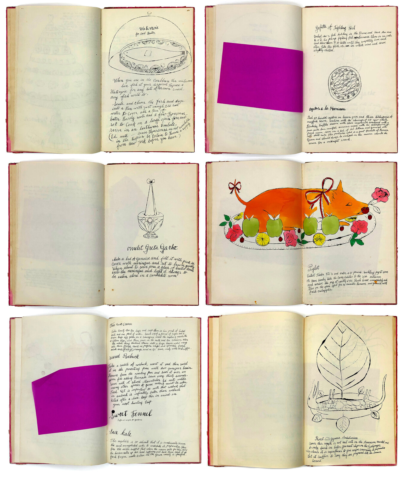 A grid of six open recipe books featuring whimsical food illustrations and handwritten instructions.