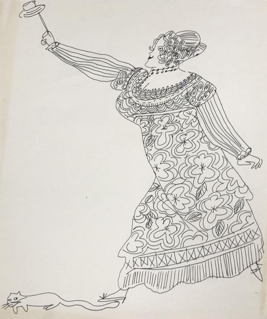 A drawing of a woman in a dress holding a wand and a cat.