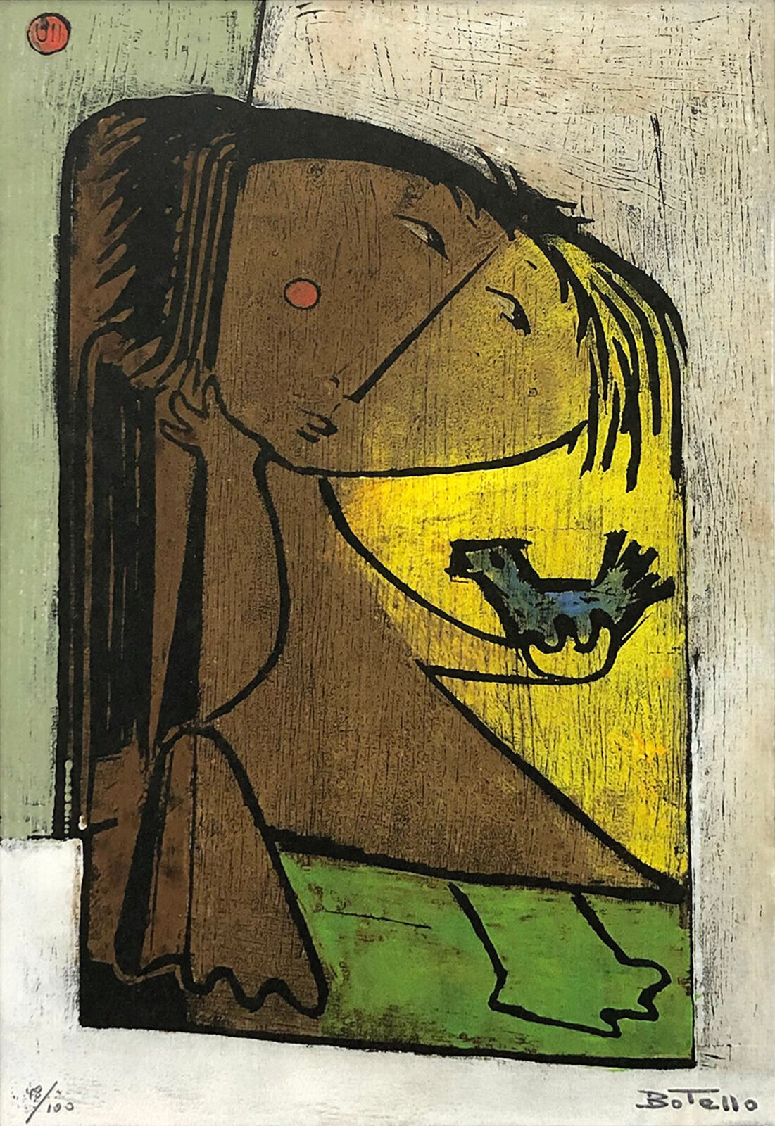 Artwork by Ángel Botello, Nina Con Pajaro (hand signed linocut), Made of Linocut 
