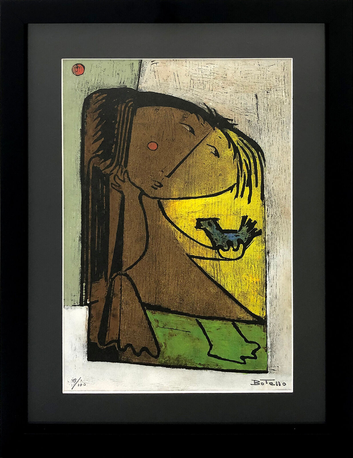 Nina Con Pajaro (hand signed linocut) by Ángel Botello, circa 1970