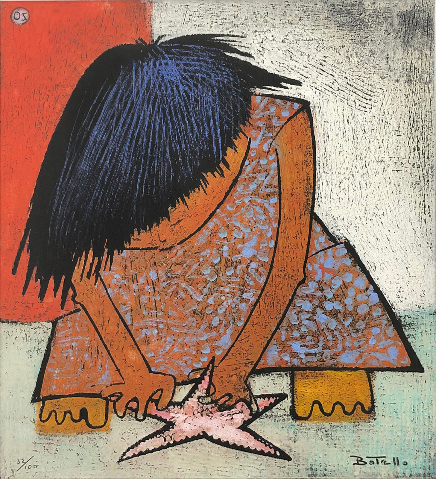 Artwork by Ángel Botello, Nina Jugando Con Estrella De Mar (hand signed linocut), Made of Linocut 